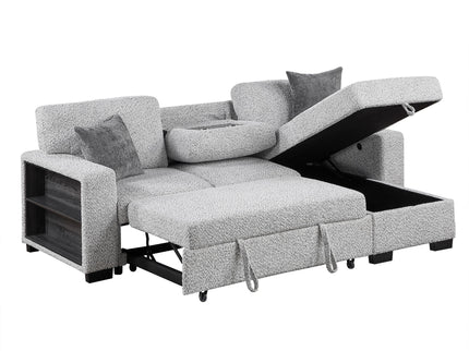 Buzz - Reversible Sleeper Sectional Sofa With Storage Chaise, Console Arm, USB Charging & Cup Holders - Gray