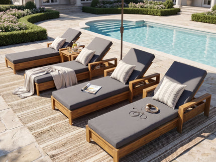 Chaise Lounge With Armrests, 2 Fold Cushion Set, 3 Position Adjustable Backrest, For Patio Pool - Dark Gray / Teak