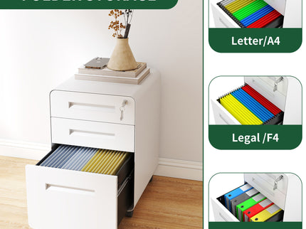 3-Drawer Mobile File Cabinet With Lock, On Casters, Holds A4/Letter Files