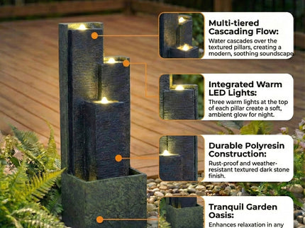 3 Tier Waterfall Fountain With LED Lights - Gray