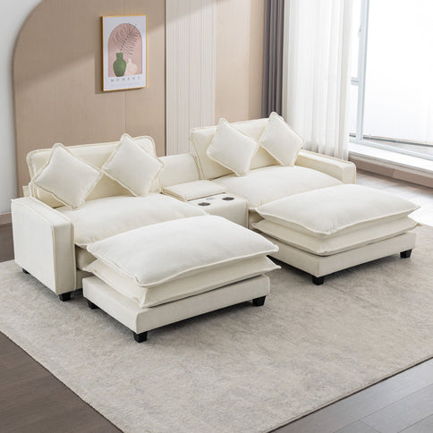 Sectional Sofa Upholstered Sofa With Two Removable Ottoman, Two USB Ports, Two Cup Holders And Large Storage Box For Living Room