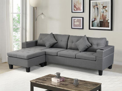 Modern Sectional Sofa Set With L Shape Chaise Lounge, Cup Holder, 4 Seat - Gray
