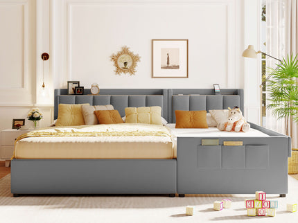 Upholstered Mother & Child Bed With Hydraulic Storage System, Drawer Box, Bedhead Storage Shelf And 2 Pairs Of Sockets & USB Ports