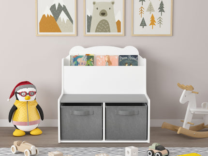 Bookshelf With Storage Bins, Bookcase With Book Display Shelf And 2 Bins, Cute Bear Shaped Backboard, Toy Organizer - White
