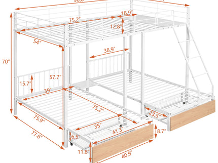 Triple Bunk Bed With Drawers And Guardrails