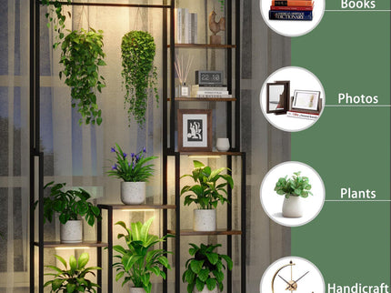 Large Plant Stand Indoor With Grow Light, Tall Plant Shelf, 8 Tiered Heavy Duty Metal Plant Stand, Square Flower Stand Display Rack For Living Room - Walnut / Black