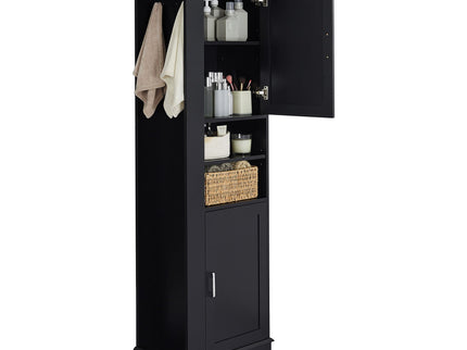Tall Freestanding Bathroom Storage Cabinet With Adjustable Shelves And Side Hooks Board, Rectangle Design
