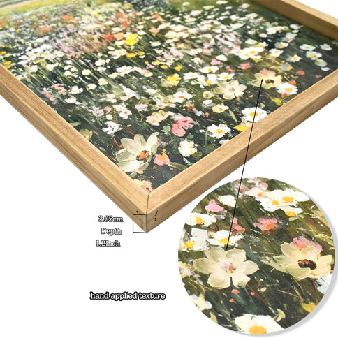 Framed Canvas Prints Art Vintage Decor, Classical Wildflower Field Meadow Flowers Painting - Green / Ivory