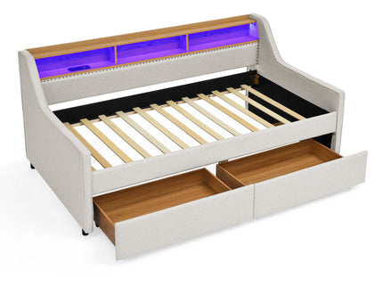 Twin Upholstered Sofa Bed With LED Lights, Storage Drawers, Adjustable Headboard & Wireless Charging - Beige