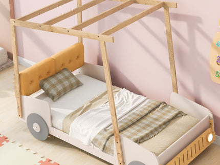 Twin Size Car Bed With Pillow, Ceiling Cloth And LED - Natural