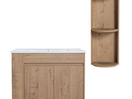 Modern Wall Mounted Bathroom Vanity With Sink And Storage Rack Soft Close Doors Plywood - Imitative Oak
