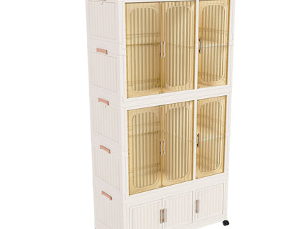 Portable Wardrobe Closet Storage Organizer For Clothes, 9 Magnetic Doors With 9 Cubes & 2 Hanging Rods, 6 Hangers - Cream White