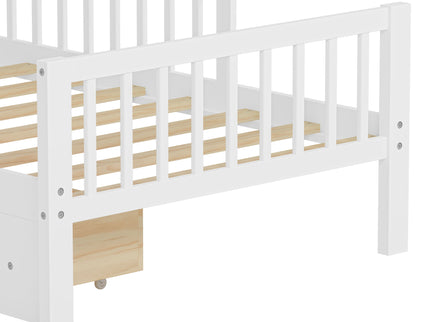 Bed With Headboard Storage Rack, 2 Under Bed Drawers, 3 Side Guardrails For Safety