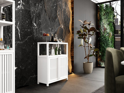 Bamboo Large Capacity Storage Cabinet With Shelves For Bathroom And Living Room - White