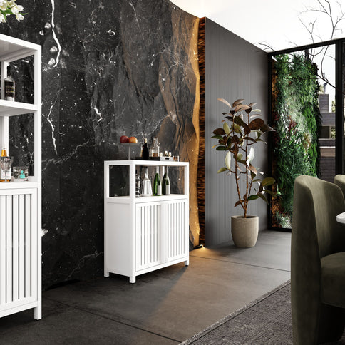 Bamboo Large Capacity Storage Cabinet With Shelves For Bathroom And Living Room - White