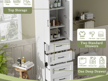 Bathroom Vanity With 2 Damping Hinge Doors, 3 Drawers, Adjustable Shelves - White