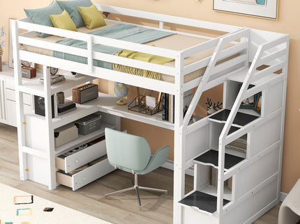 Loft Bed With Desk, Shelves, 2 Drawers, Storage Staircase