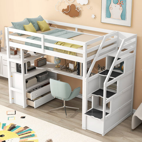 Loft Bed With Desk, Shelves, 2 Drawers, Storage Staircase