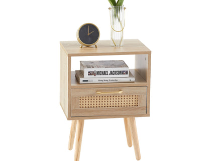 15.75" Rattan End Table With Drawer And Solid Wood Legs, Modern Nightstand, Side Table For Living Room, Bedroom