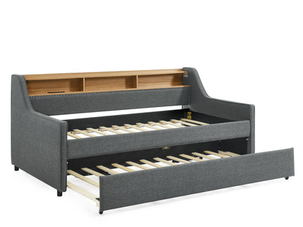 Upholstered Sofa Bed With LED Lights, Storage Headboard, Foldable Trundle & Wireless Charging