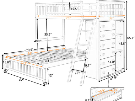 Bunk Bed With 6 Drawers And Flexible Shelves, Bottom Bed With Wheels