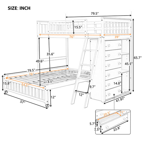 Bunk Bed With 6 Drawers And Flexible Shelves, Bottom Bed With Wheels