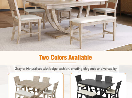 Topmax - 6 Piece Wood Half Round Dining Table Set Kitchen Table Set With Long Bench And 4 Dining Chairs, Modern Style