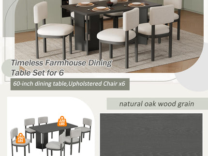 Dining Table Set With 6 Upholstered Chairs, Rectangular Table With Cutout Legs