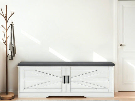 2 Tier Shoe Bench With Padded Seat, 2 Barn Doors And Adjustable Shelves, For Entryway And Living Room - White