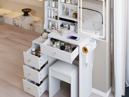 Cabinet Vanity Table & Cushioned Stool, USB Power Station, Hair Dryer Bracket - White