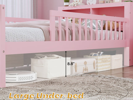 Bed With Headboard Storage Rack, 2 Under Bed Drawers, 3 Side Guardrails For Safety