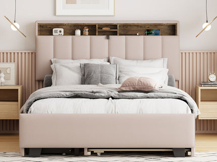 Upholstered Platform Bed With Storage Headboard, Trundle & 2 Drawers And A Set Of Sockets & USB Ports