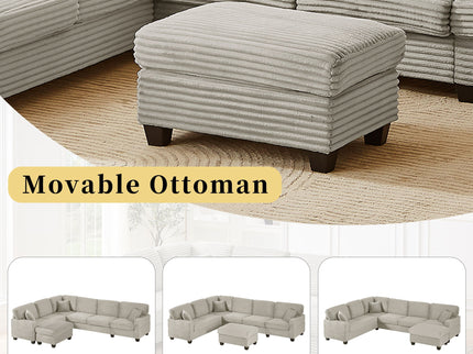 Upholstered U-Shaped Sectional Sofa With Movable Ottoman And Side Storage Pockets