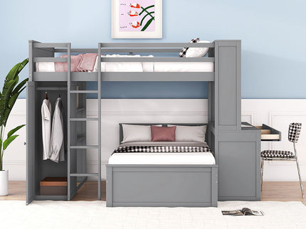 Loft Bed With A Twin Size Standalone Bed, Shelves, Desk, And Wardrobe