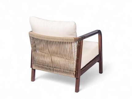 Outdoor Lounge Chair With Woven Backrest, Solid Wood Frame, Comfortable Cushions