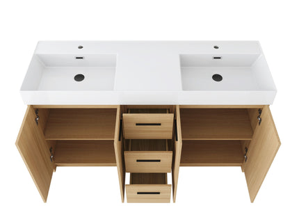Double Sink Bathroom Vanity With 3 Drawers, Large Storage, Integrated Sink, Freestanding Cabinet, Soft Close Hardware - Glossy White / Light Oak