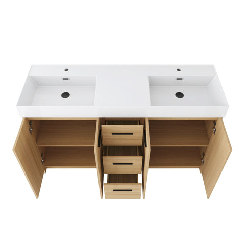 Double Sink Bathroom Vanity With 3 Drawers, Large Storage, Integrated Sink, Freestanding Cabinet, Soft Close Hardware - Glossy White / Light Oak