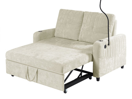 Modern Loveseat Pull Out Sofa Bed With Adjustable Backrest, Two Cup Holders, A Phone Holder, Three Charging Ports And Side Storage Pockets For Living Room