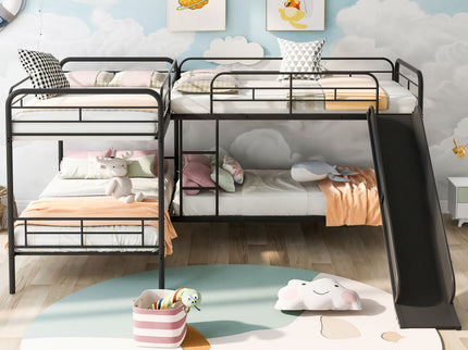 Mission Style Twin Size L-Shaped Bunk Bed With Slide And Ladder - Black