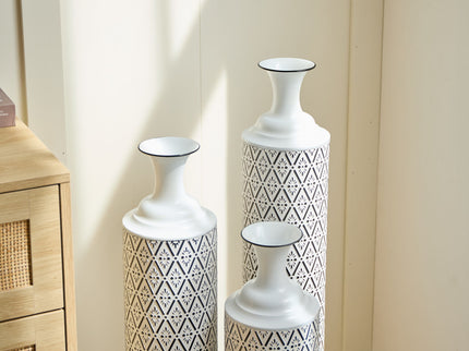 Modern Floor Vase Set Metal Vases With Geometric Pattern, 3 Piece Home Decor Set - White / Black