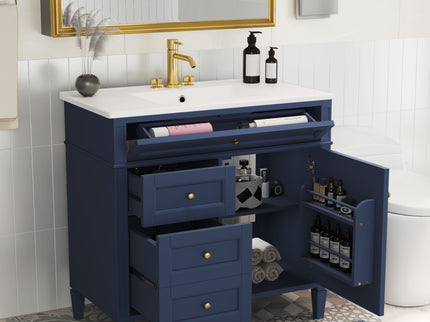 Bathroom Vanity With Top Sink, Modern Bathroom Storage Cabinet, 2 Drawers And A Tip-Out Drawer, Single Sink Bathroom Vanity - Blue
