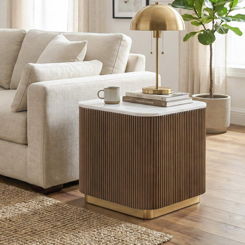 3 Piece Table Set (Rectangle Cocktail Table And Two Square End Tables) - Brown / Gold / White