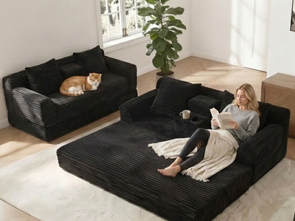 Soft Striped Convertible Sofa Bed, Dual Use Lounge Couch With Cup Holders And Pillows