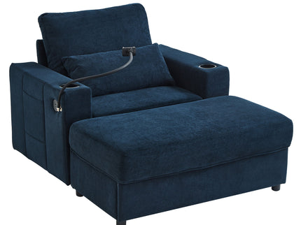 Modern Style Armchair Chaise Lounge Sofa Couch With Movable Storage Ottoman, USB Ports, Cup Holders, Phone Holder, Side Pockets