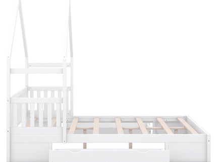 House Style Platform Bed With Guardrail And 2 Drawers