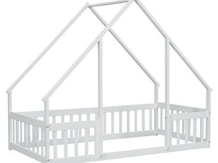 Wood House-Shaped Floor Bed With Fence, Guardrails