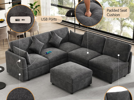 Sectional Sofa Modular U-Shaped With Ottoman & USB Ports