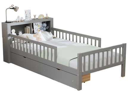 Bed With Headboard Storage Rack, 2 Under Bed Drawers, 3 Side Guardrails For Safety