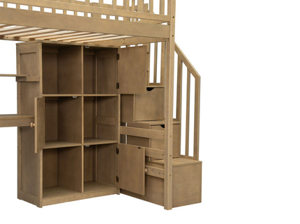 Loft Bed With Built In L Shaped Desk, LED Lights, Storage Shelves, Cabinets, And Staircase