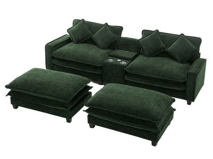 Sectional Sofa Upholstered Sofa With Two Removable Ottoman, Two USB Ports, Two Cup Holders And Large Storage Box For Living Room
